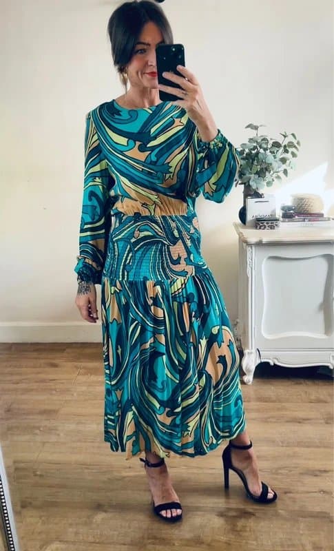 Never Fully Dressed Never Fully Dressed turquoise blue peach retro print dropped waist midi dress size 19