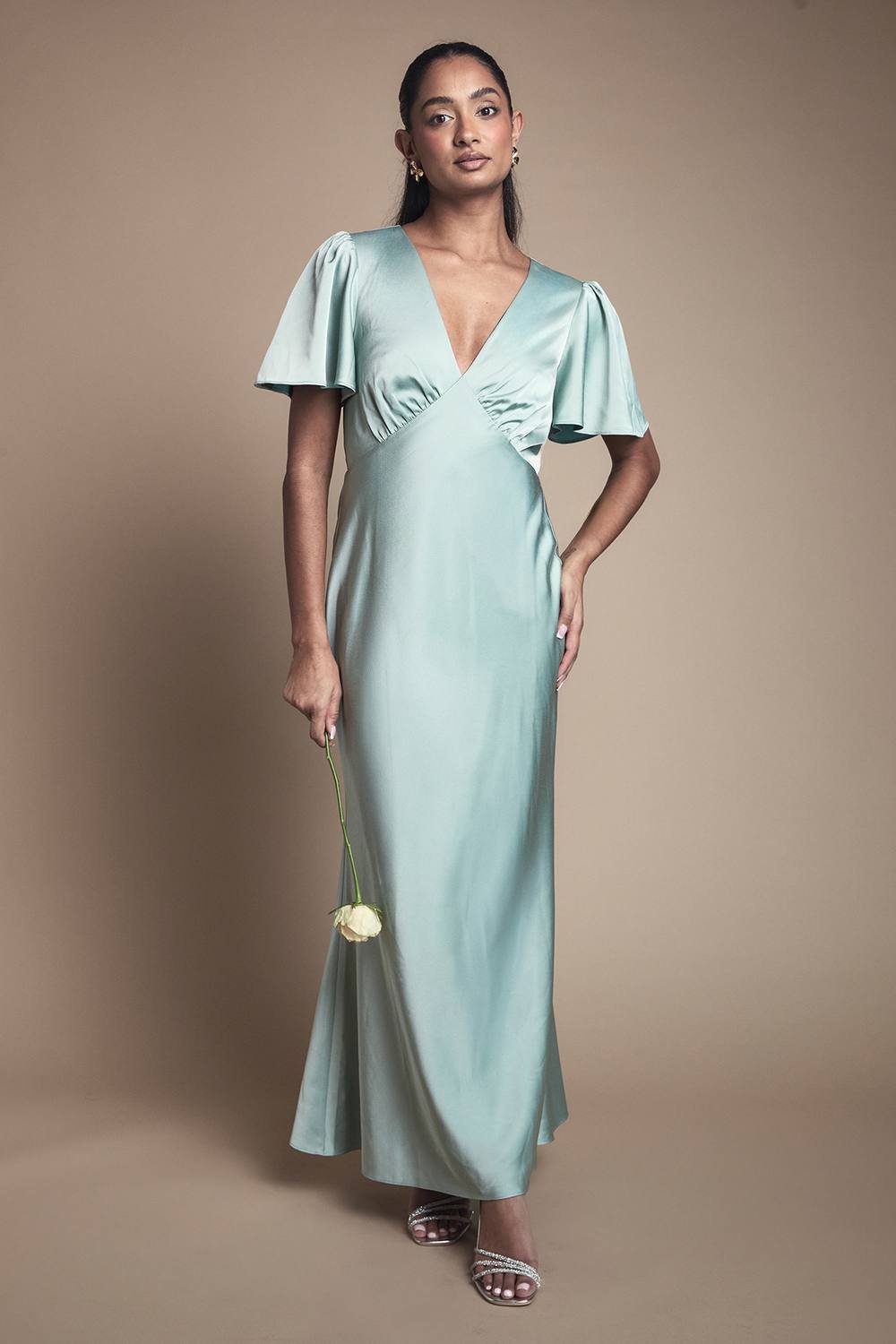 Oasis Oasis Women's Deep V Fluted Sleeve Maxi Bridesmaid Dress in Sage - 2