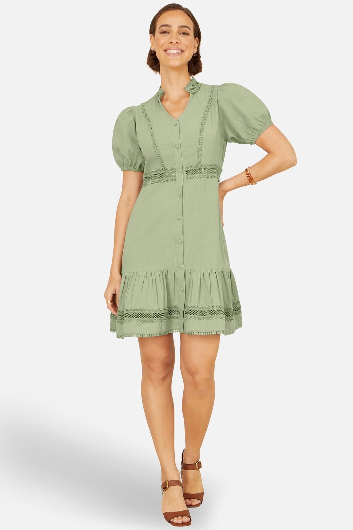 Yumi Yumi Women's Cotton Lace Trim Skater Shirt Dress in Light Green