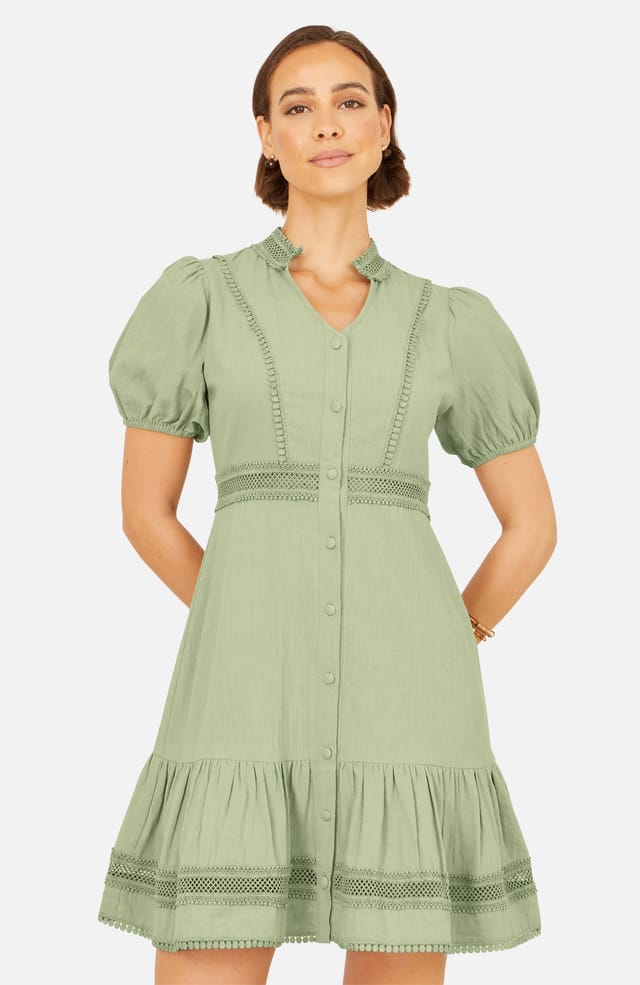 Yumi Yumi Women's Cotton Lace Trim Skater Shirt Dress in Light Green - 2