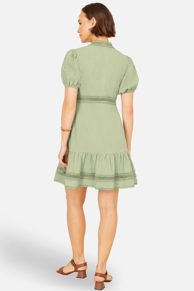Yumi Yumi Women's Cotton Lace Trim Skater Shirt Dress in Light Green - 3