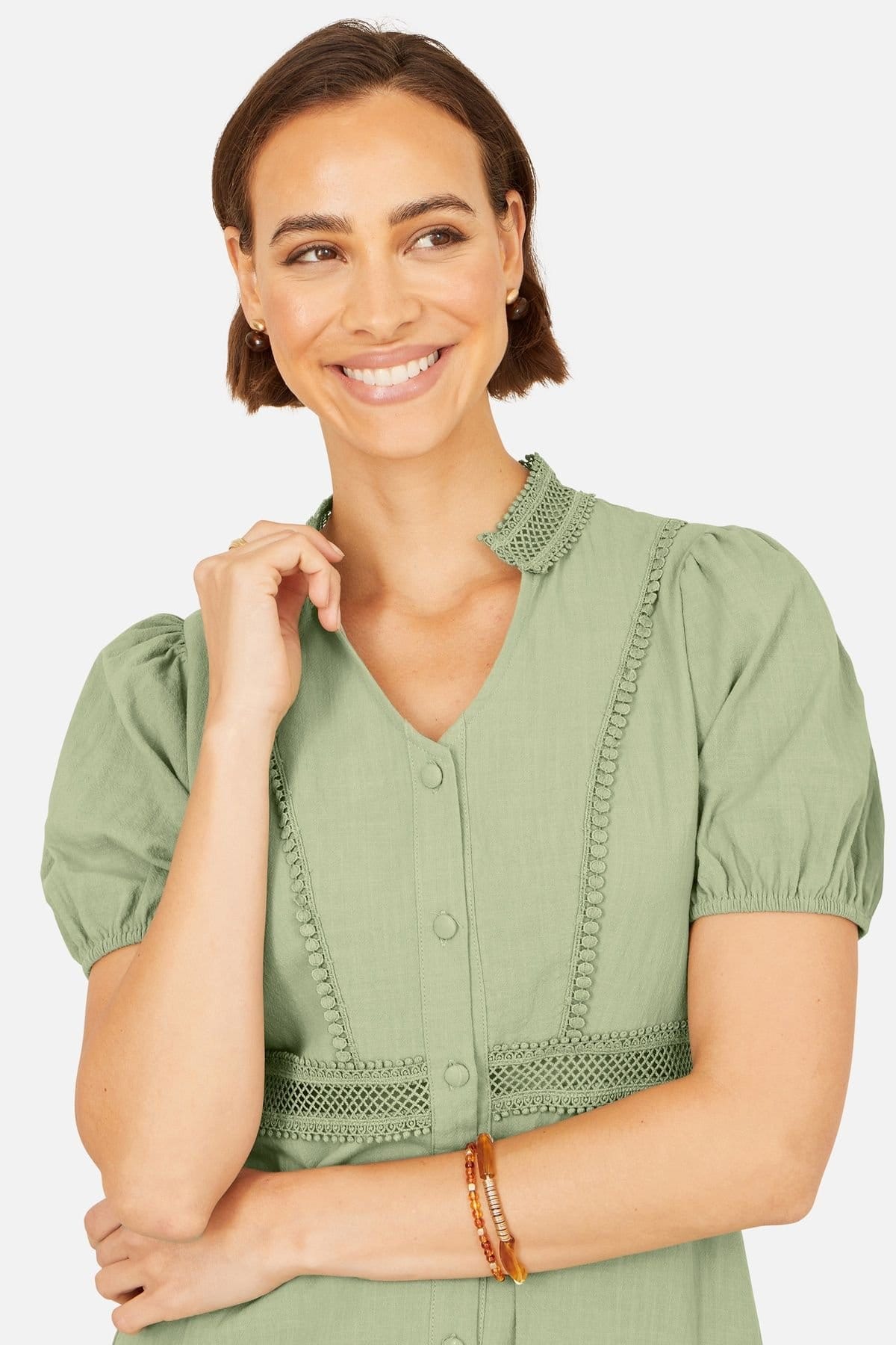 Yumi Yumi Women's Cotton Lace Trim Skater Shirt Dress in Light Green - 4