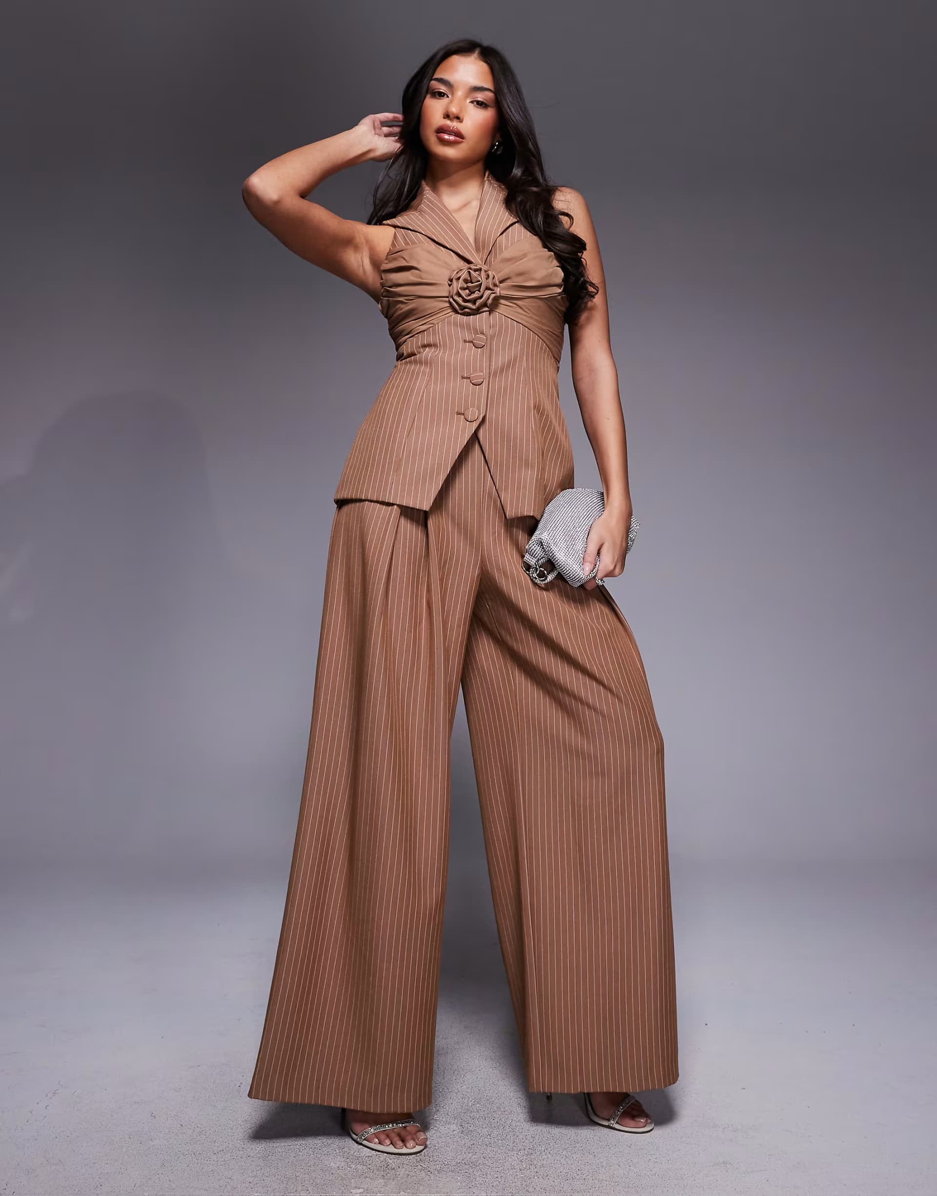 ASOS ASOS LUXE co-ord wide leg trousers with ruched waistband detail in brown pinstripe