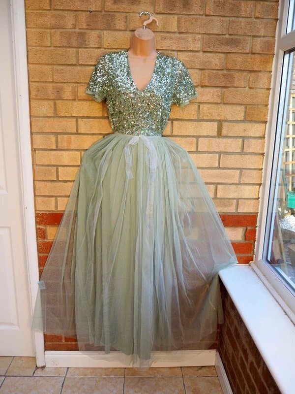 Maya Deluxe Maya Deluxe mint green tulle sequin short sleeve v neck skater long maxi party dress 10 S