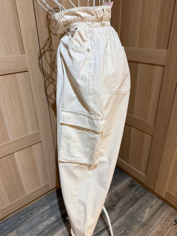 Bershka Cream Cargo Pants with Elastic Waistband