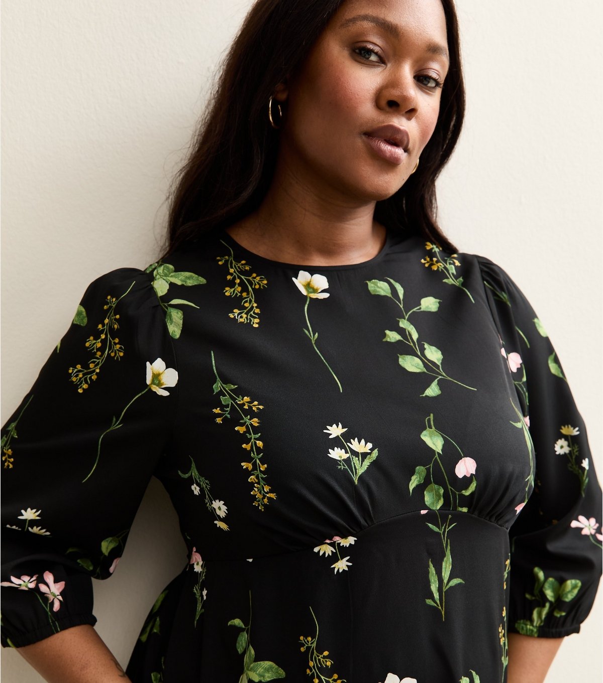 New Look Women's Plus Size Black Floral Cropped Sleeve MIni Dress Curves New Look - 3