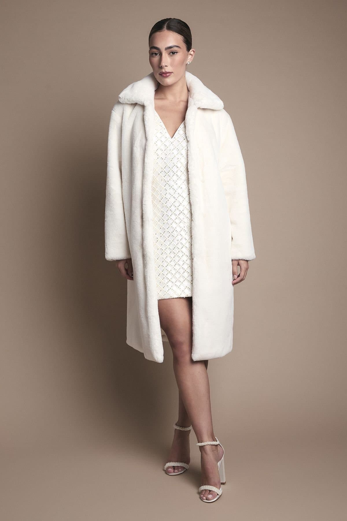Coast Coast Women's Ivory Faux Fur Longline Collared Coat