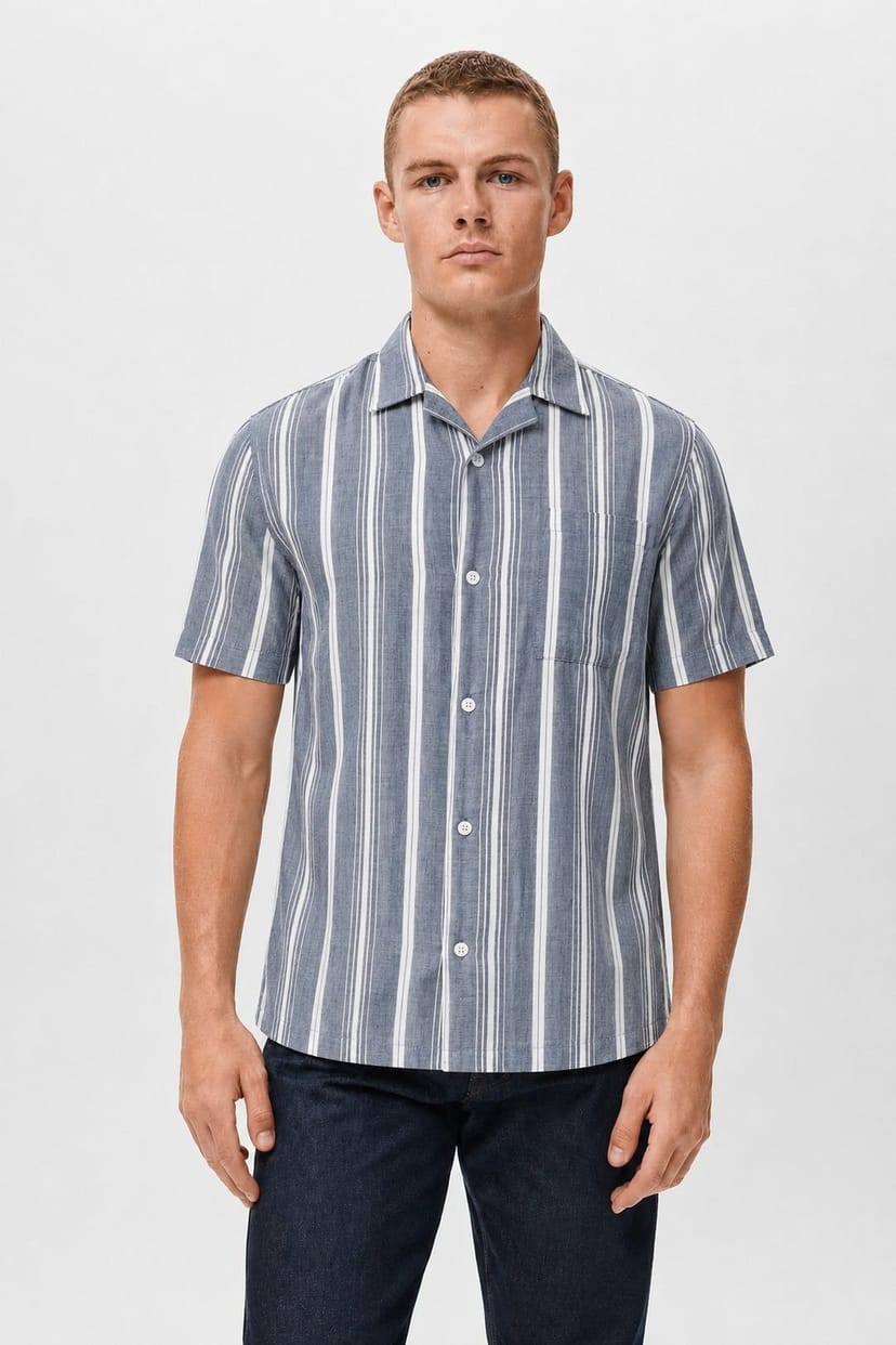 Little Nooks Little Nooks Men's Bari Stripe Short Sleeve Shirt in Mid Blue - 1