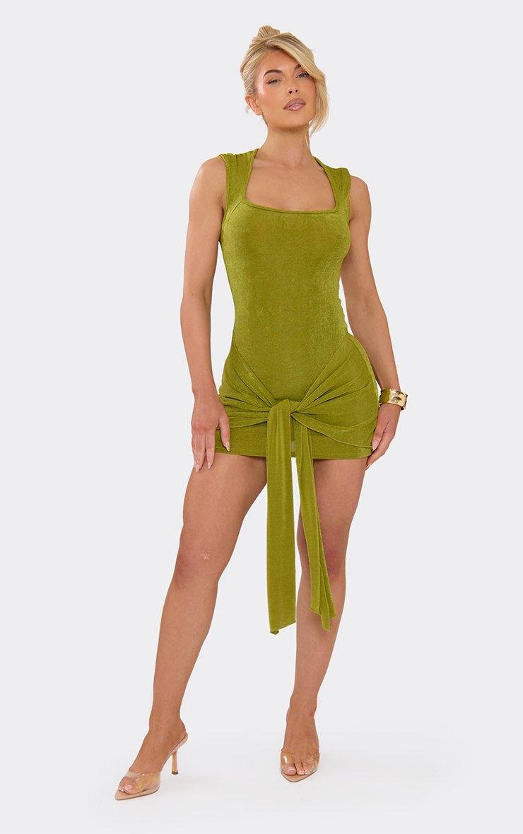 EGO Square Neck Drape Mini Dress In Khaki Green, Women's Size UK 6 - 2