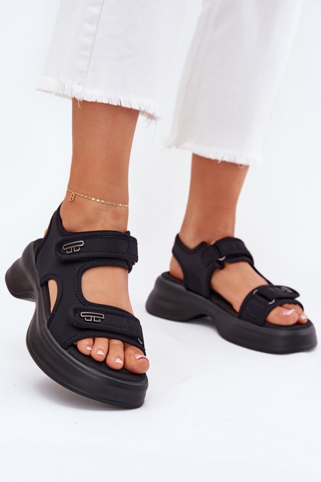 Love Lace Love Lace Women's Textile Platform Sandals with Double Velcro & Gold Detail in Black