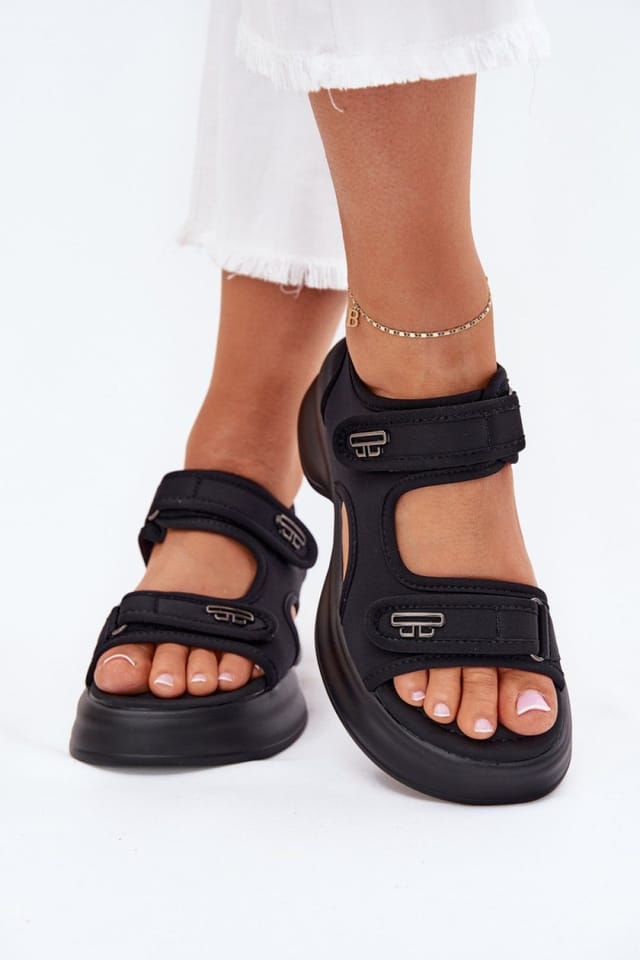 Love Lace Love Lace Women's Textile Platform Sandals with Double Velcro & Gold Detail in Black - 3