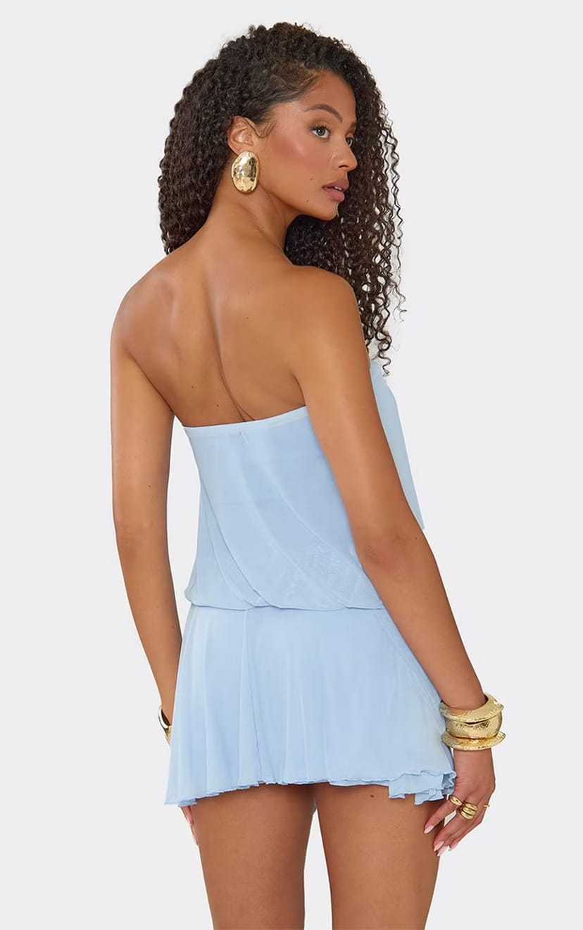 EGO Bandeau Tie Waist Detail Blouson Mini Dress In Baby Blue, Women's Size UK 6 - 1