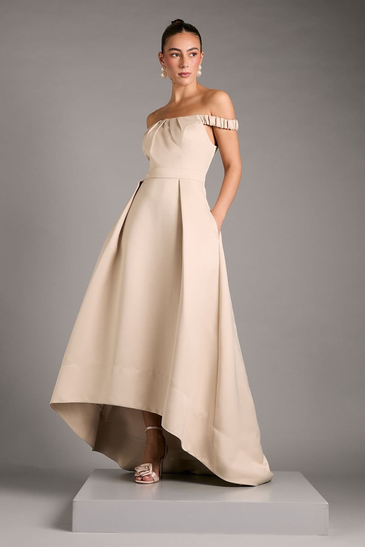 Coast Coast Women's Bardot Fit & Flare Hi Low Hem Maxi Dress in Champagne