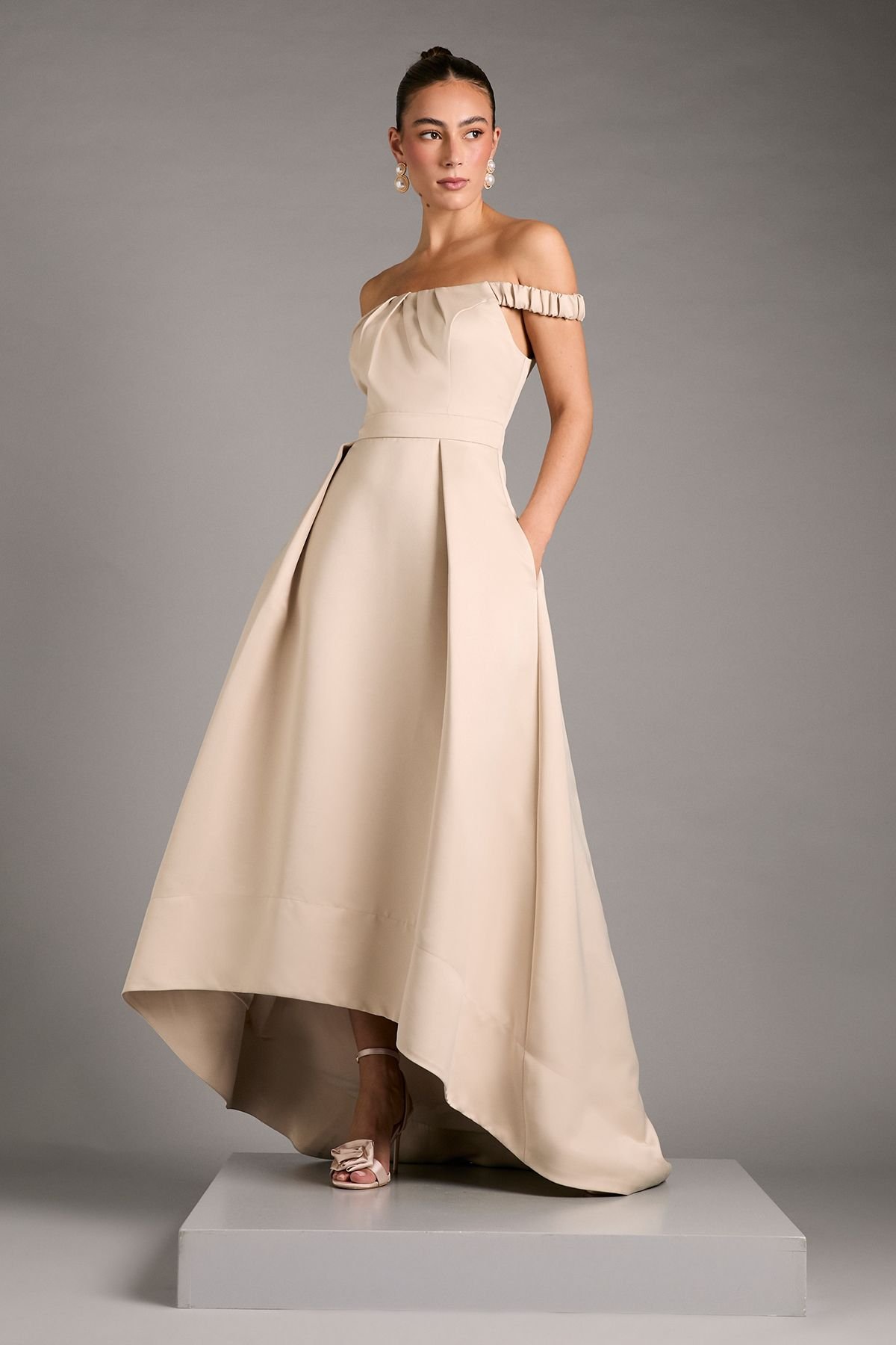 Coast Coast Women's Bardot Fit & Flare Hi Low Hem Maxi Dress in Champagne - 2