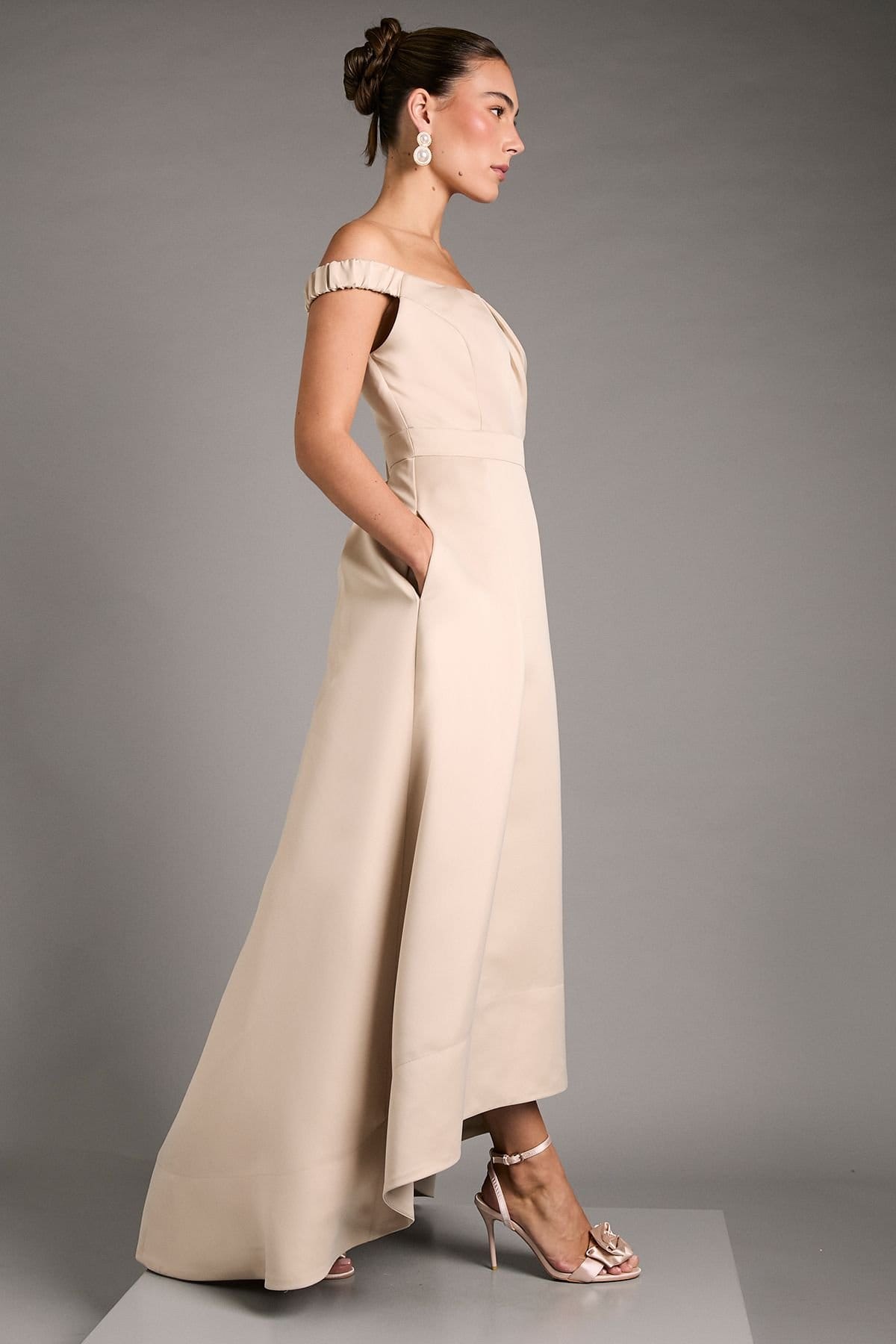 Coast Coast Women's Bardot Fit & Flare Hi Low Hem Maxi Dress in Champagne - 4
