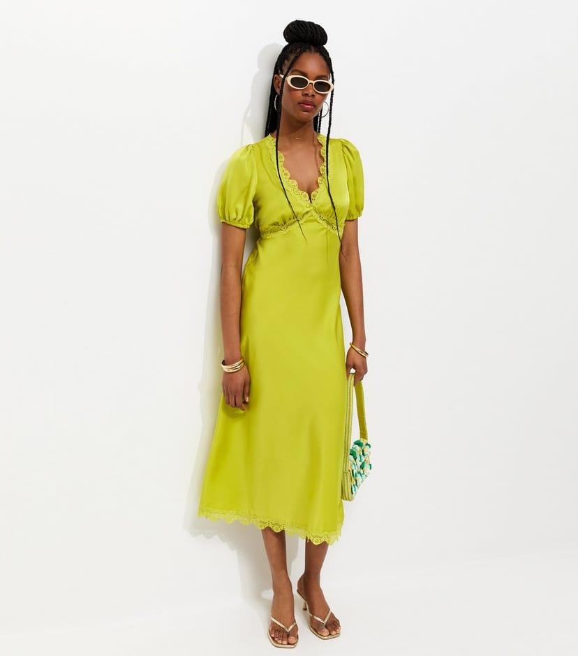New Look Women's Light Green Satin Lace Trim Tea Midi Dress New Look - 1