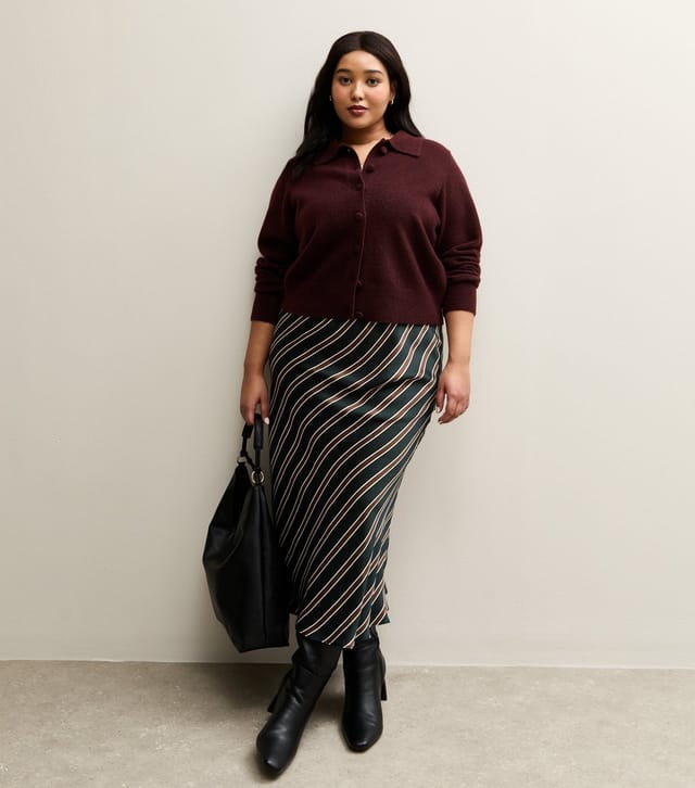 New Look Women's Plus Size Black Satin Striped Bias Cut Midi Skirt Curves New Look - 3