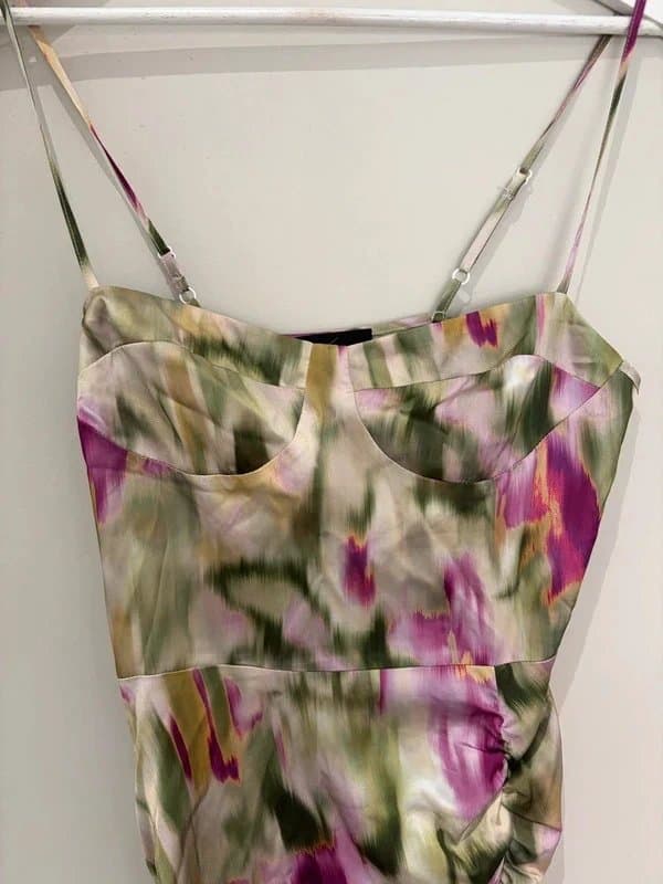 Cider Cider Watercolour Floral Satin-Feel Asymmetric Midi Dress UK 6-8 Ruched  Slip