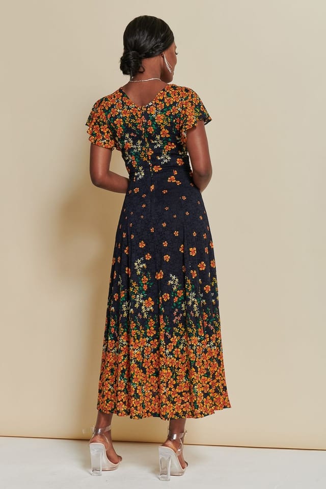 Jolie Moi Jolie Moi Women's Lace Floral Print Fit & Flare Maxi Dress in Orange - 2