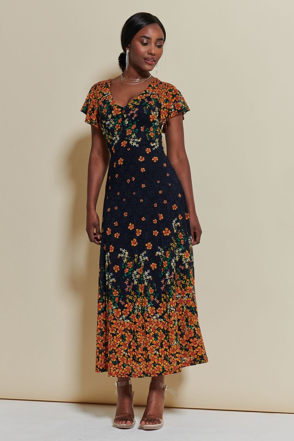 Jolie Moi Jolie Moi Women's Lace Floral Print Fit & Flare Maxi Dress in Orange - 4