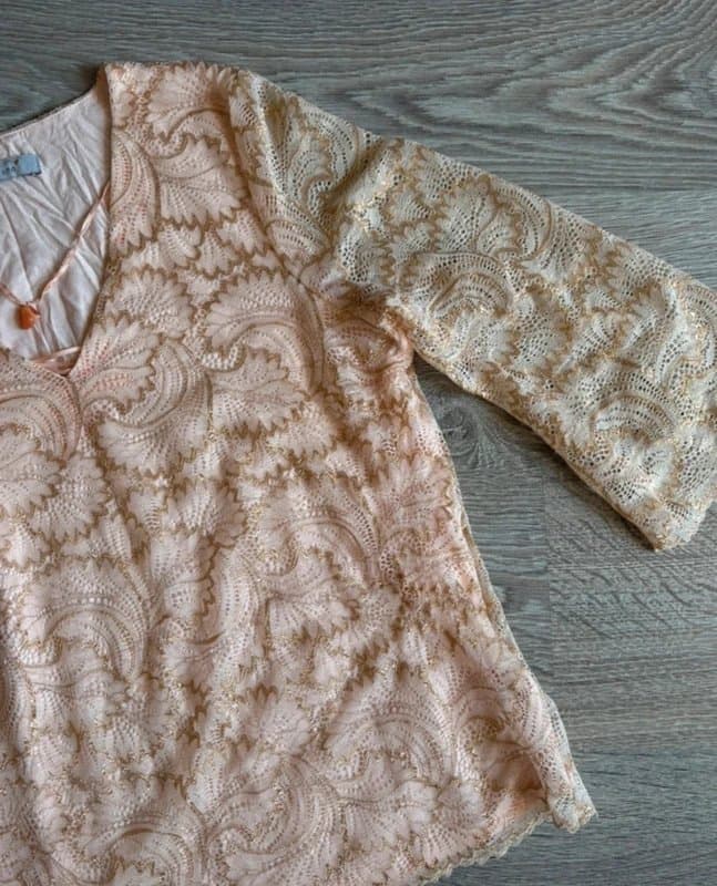 Per Una M&S Per Una Blush Pink Lace Top UK 12 | Floral Lace 3/4 Sleeve V-Neck Elegant Occasion Blouse