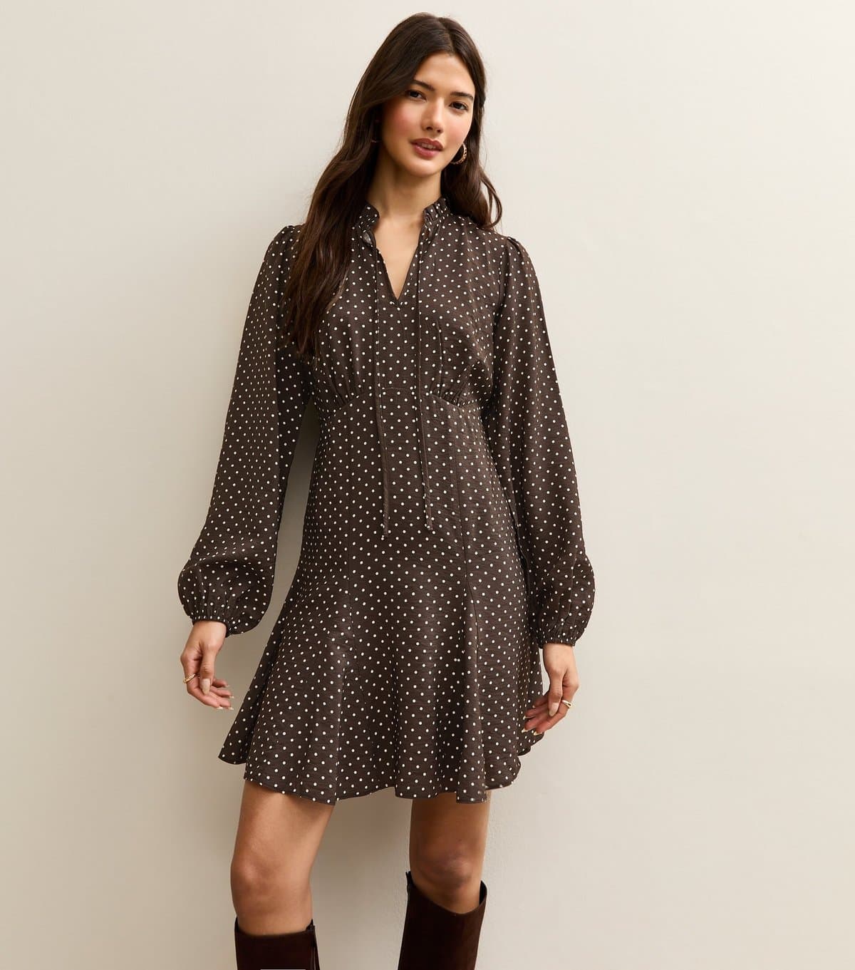 New Look Women's Brown Polka Dot Tie Neck Mini Dress New Look