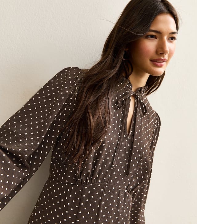 New Look Women's Brown Polka Dot Tie Neck Mini Dress New Look - 2