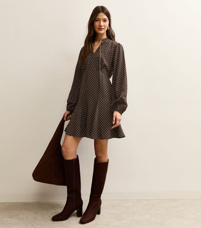 New Look Women's Brown Polka Dot Tie Neck Mini Dress New Look - 3