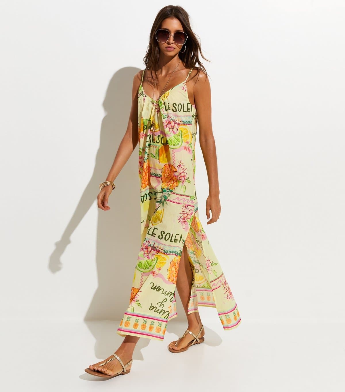 New Look Women's Multicoloured Fruit Print Slit Hem Cotton Maxi Dress New Look