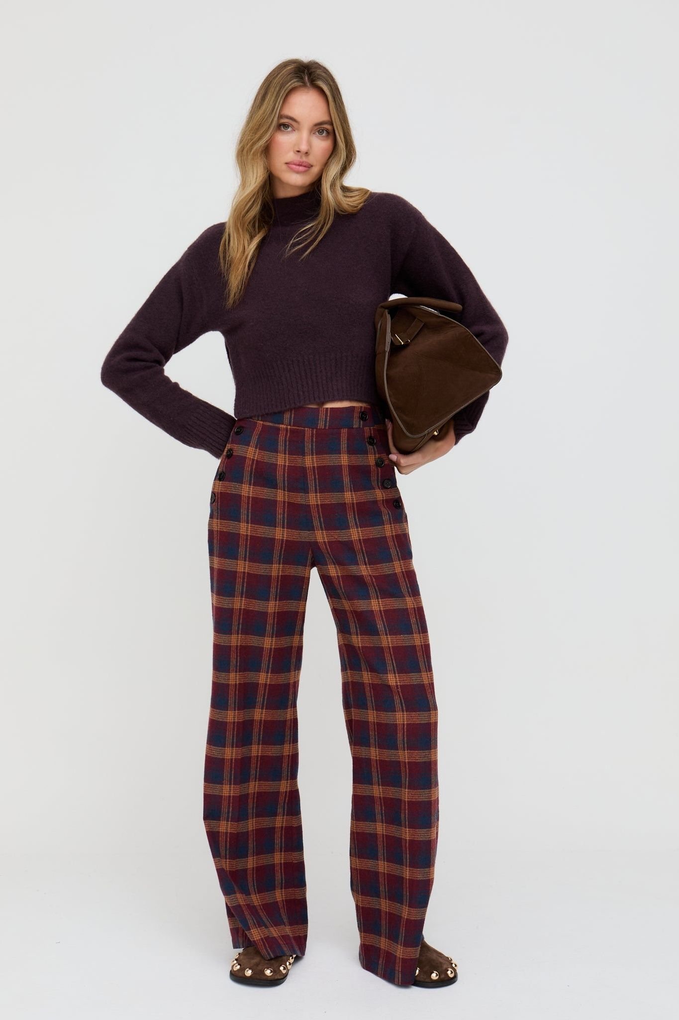 Lily and Lionel Lily and Lionel Women's Damson High Waisted Tartan Print Trouser In Burgundy - 2