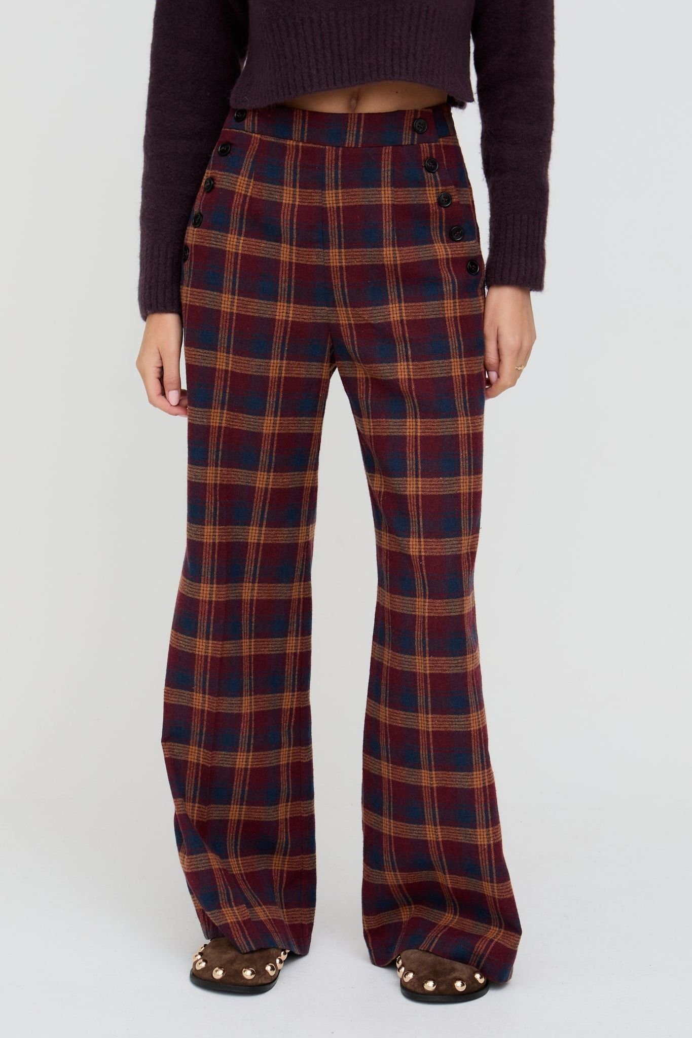Lily and Lionel Lily and Lionel Women's Damson High Waisted Tartan Print Trouser In Burgundy - 3