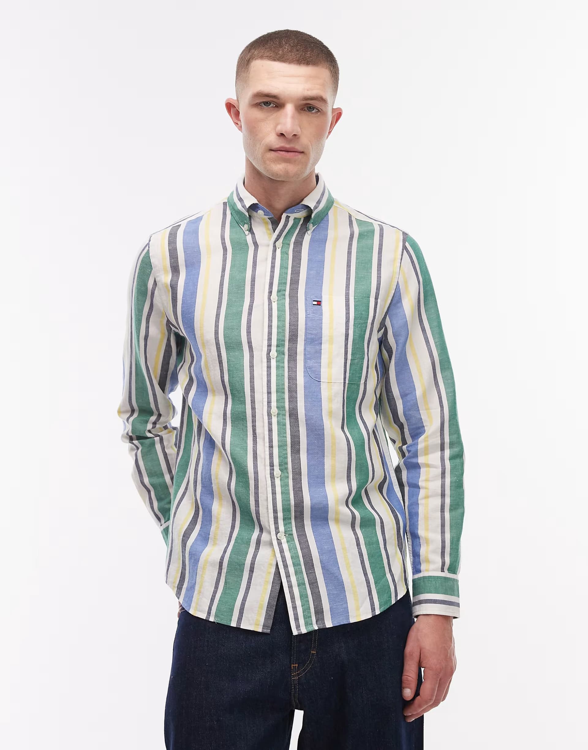 ASOS Tommy Hilfiger linen blend shirt in green & blue stripe