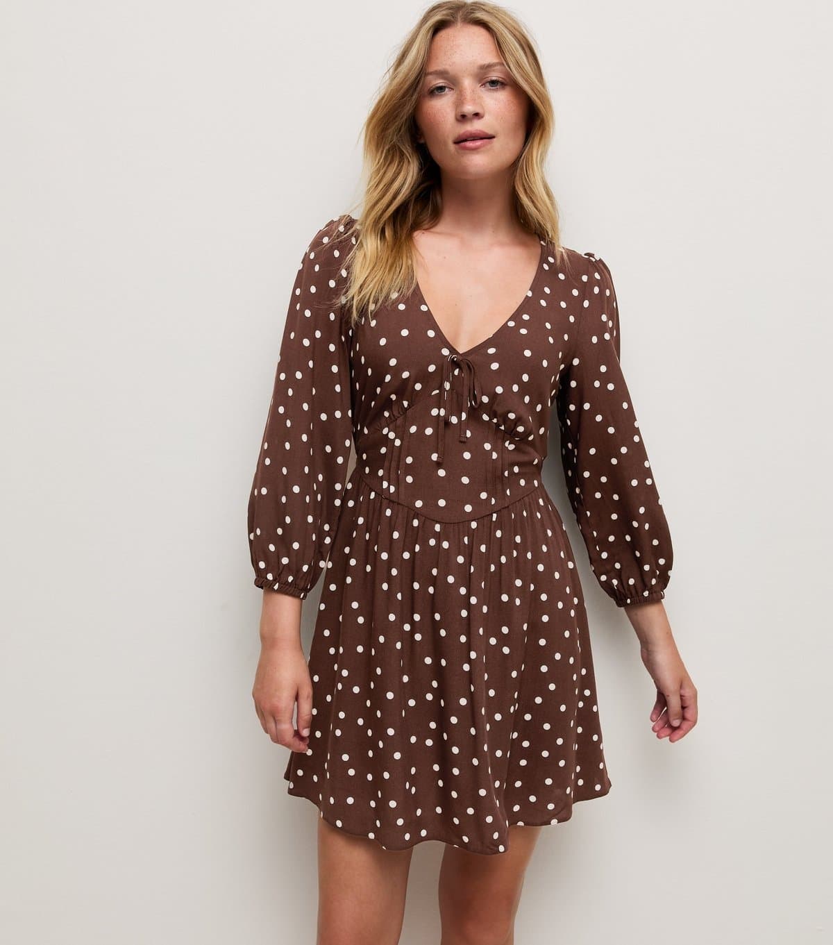 New Look Women's Brown Spot Print Long Sleeve Empire Line Mini Dress New Look