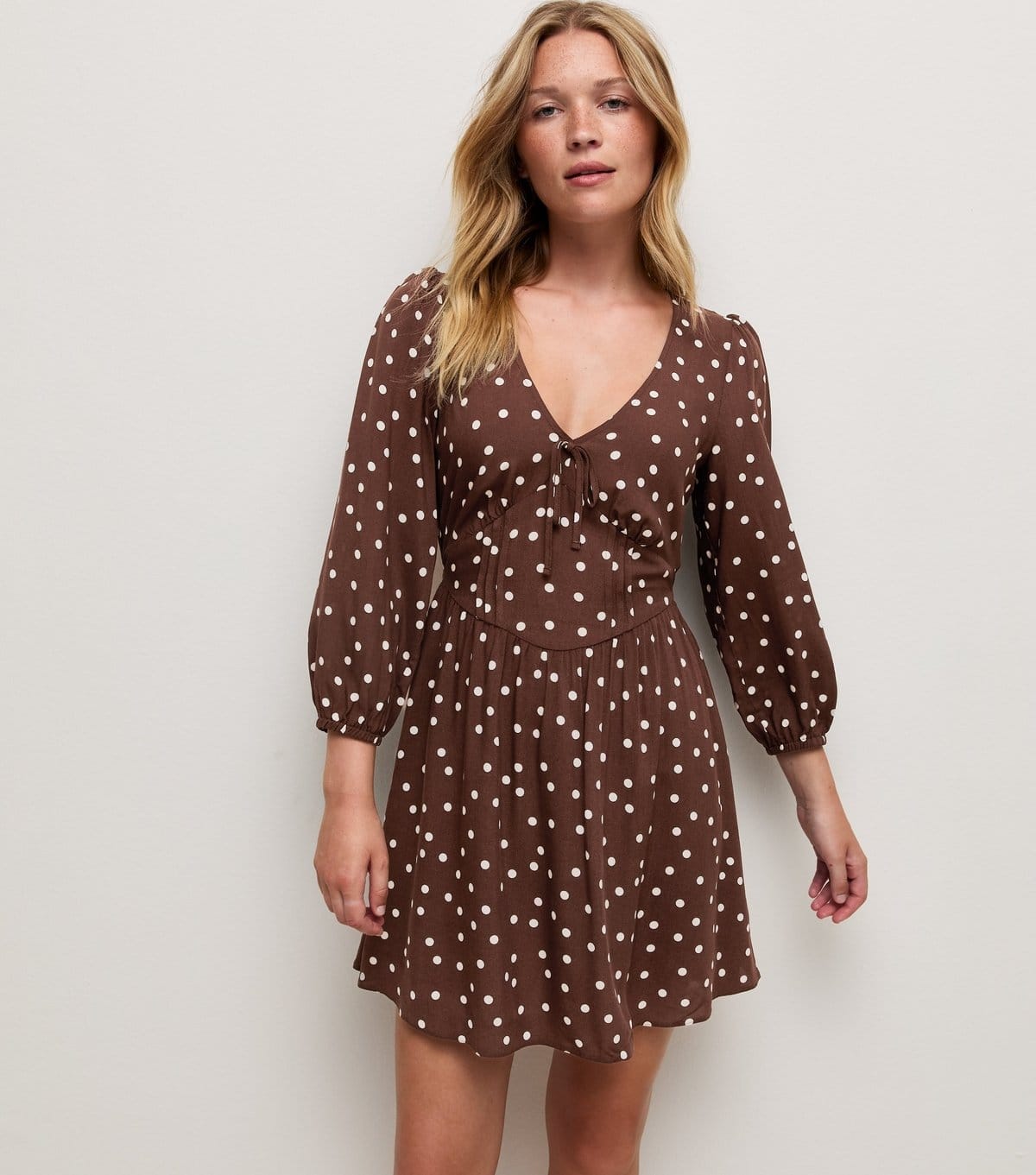 Women's Brown Spot Print Long Sleeve Empire Line Mini Dress New Look