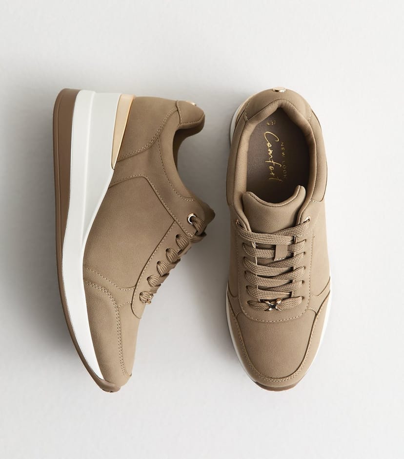 New Look Women's Camel Faux Brushed Leather Sports Wedge Trainers Vegan New Look - 1