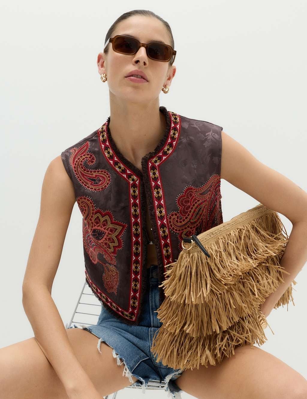Marks & Spencer M&S Embroidered Cropped Gilet Brown Mix - 1