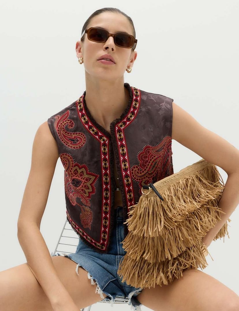 Marks & Spencer M&S Embroidered Cropped Gilet Brown Mix - 1