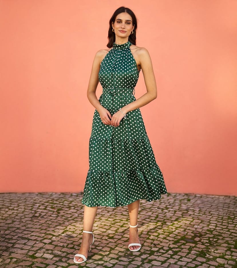 Yumi Women's Green Spot Print Halterneck Satin Midi Dress Yumi New Look - 1