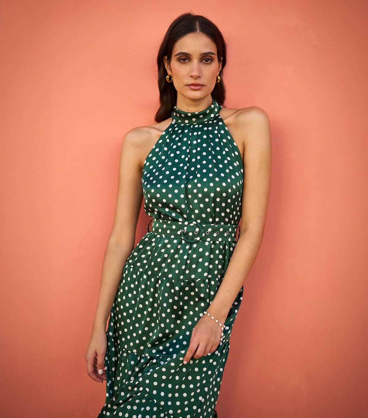 Yumi Women's Green Spot Print Halterneck Satin Midi Dress Yumi New Look - 2