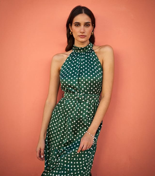 Yumi Women's Green Spot Print Halterneck Satin Midi Dress Yumi New Look - 2
