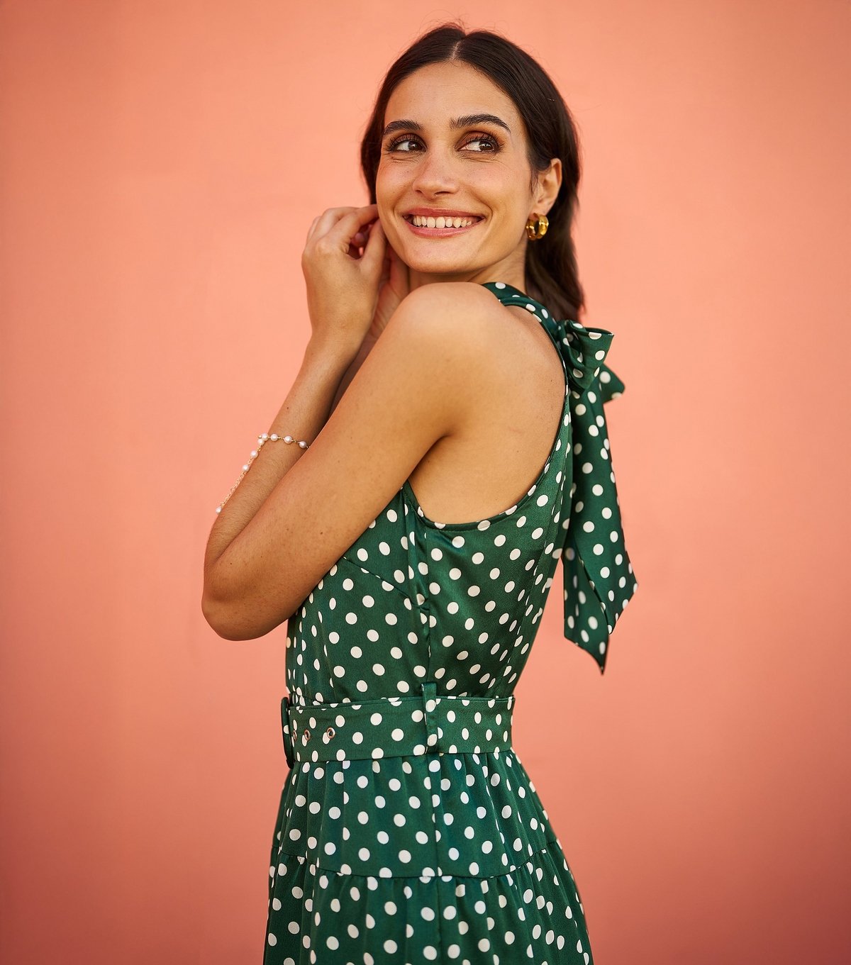 Yumi Women's Green Spot Print Halterneck Satin Midi Dress Yumi New Look - 3