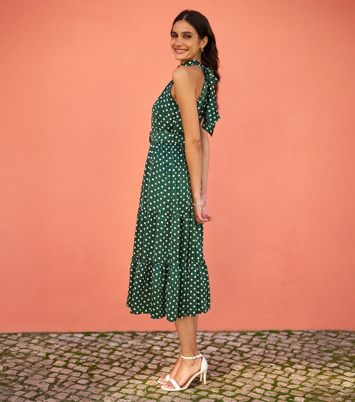 Yumi Women's Green Spot Print Halterneck Satin Midi Dress Yumi New Look - 4