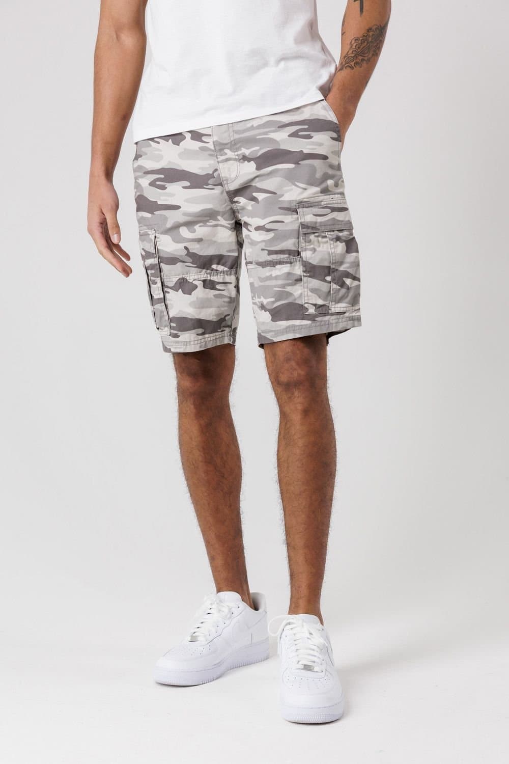 Tokyo Laundry Tokyo Laundry Men's Washed Cotton Twill Cargo Shorts with Camo Print in Grey