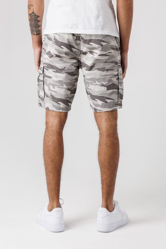 Tokyo Laundry Tokyo Laundry Men's Washed Cotton Twill Cargo Shorts with Camo Print in Grey - 2