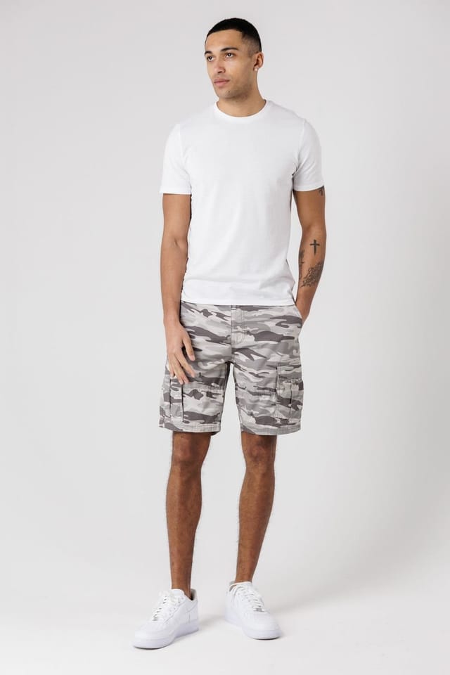 Tokyo Laundry Tokyo Laundry Men's Washed Cotton Twill Cargo Shorts with Camo Print in Grey - 3