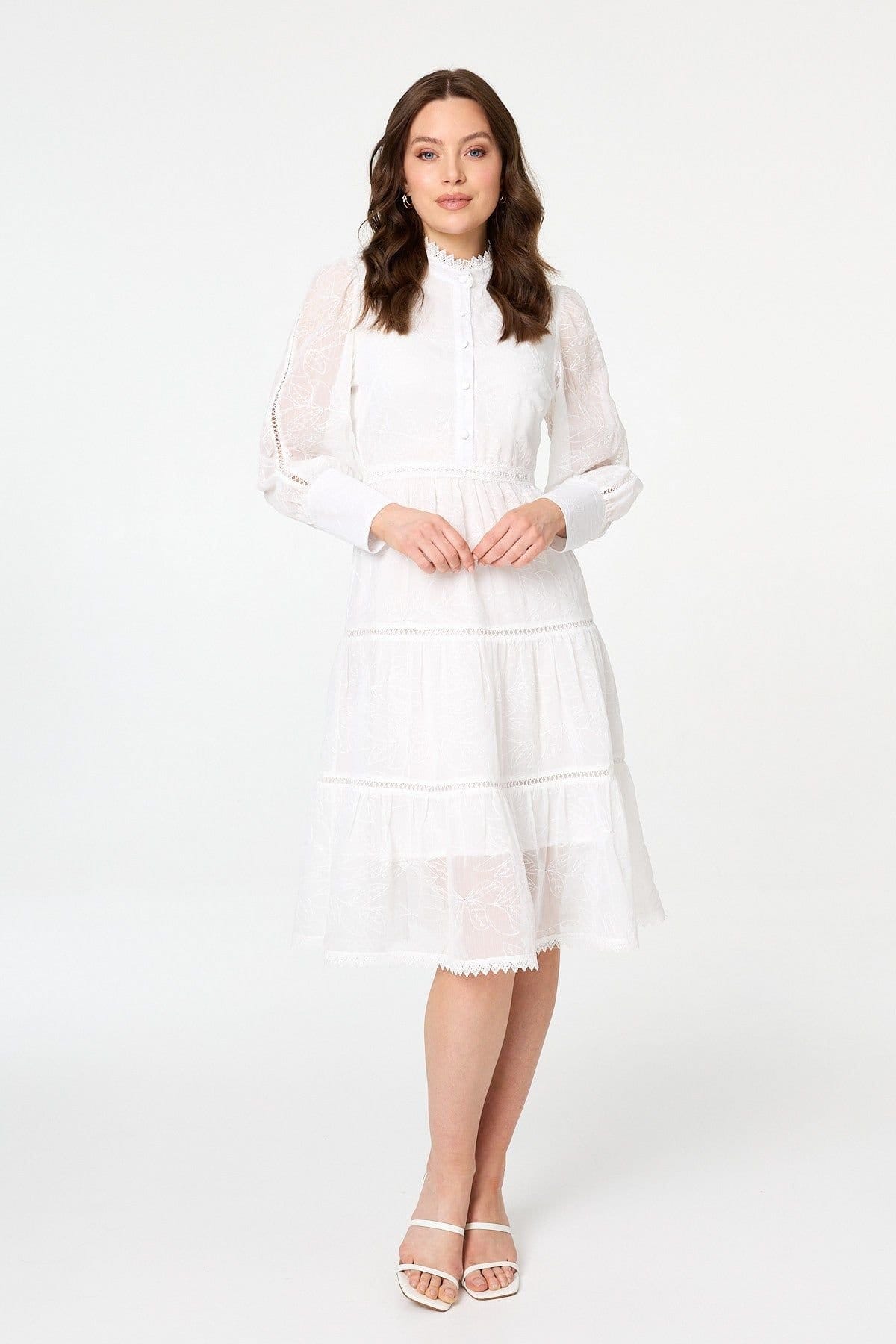 Izabel London White Embroidered Tiered Knee-Length Dress