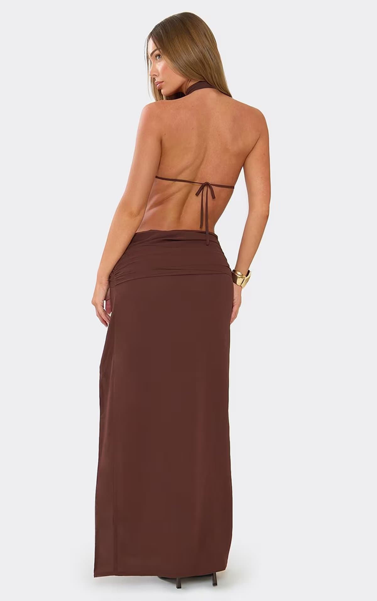EGO High Neck Open Back Split Leg Cut Out Maxi Dress In Brown, Women's Size UK 6