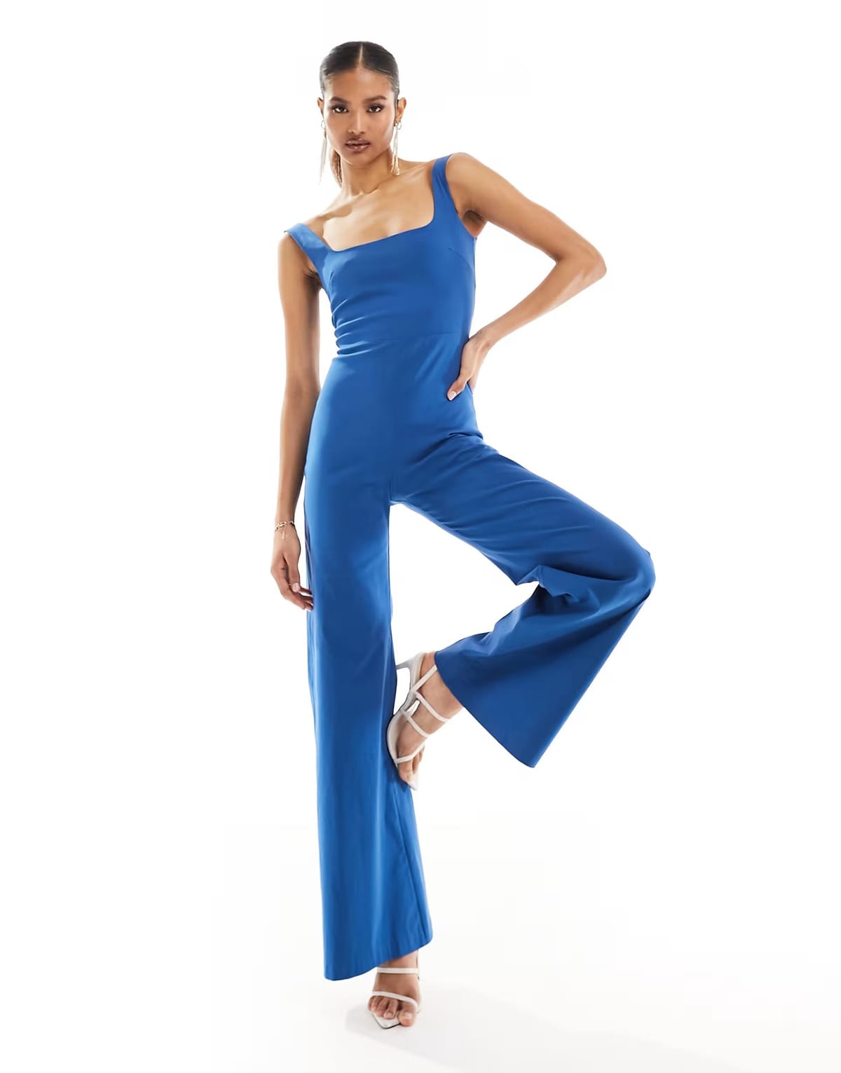 ASOS Vesper bengaline square neck wide leg jumpsuit in blue - 1