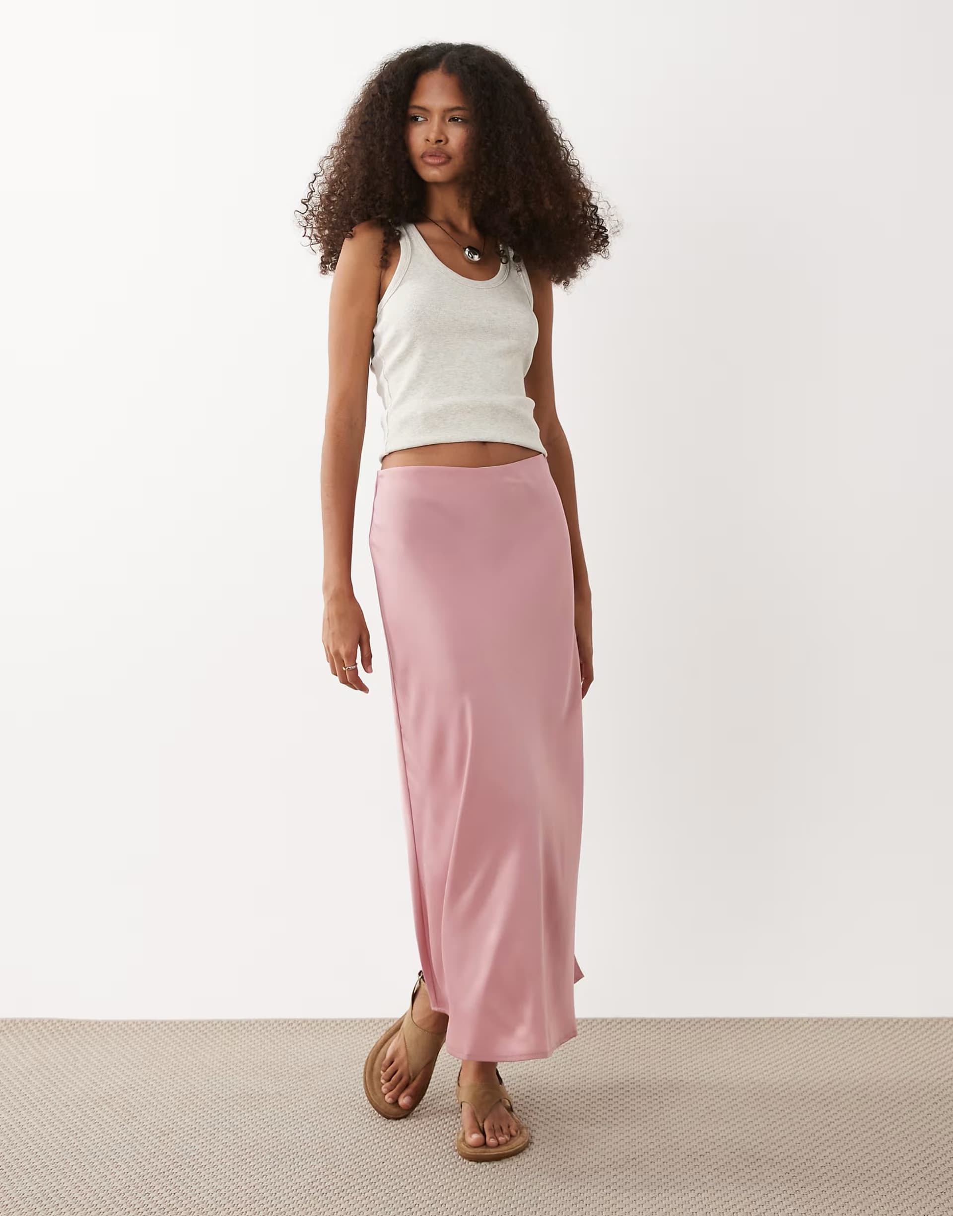 ASOS YAS satin midi skirt in lilas pink