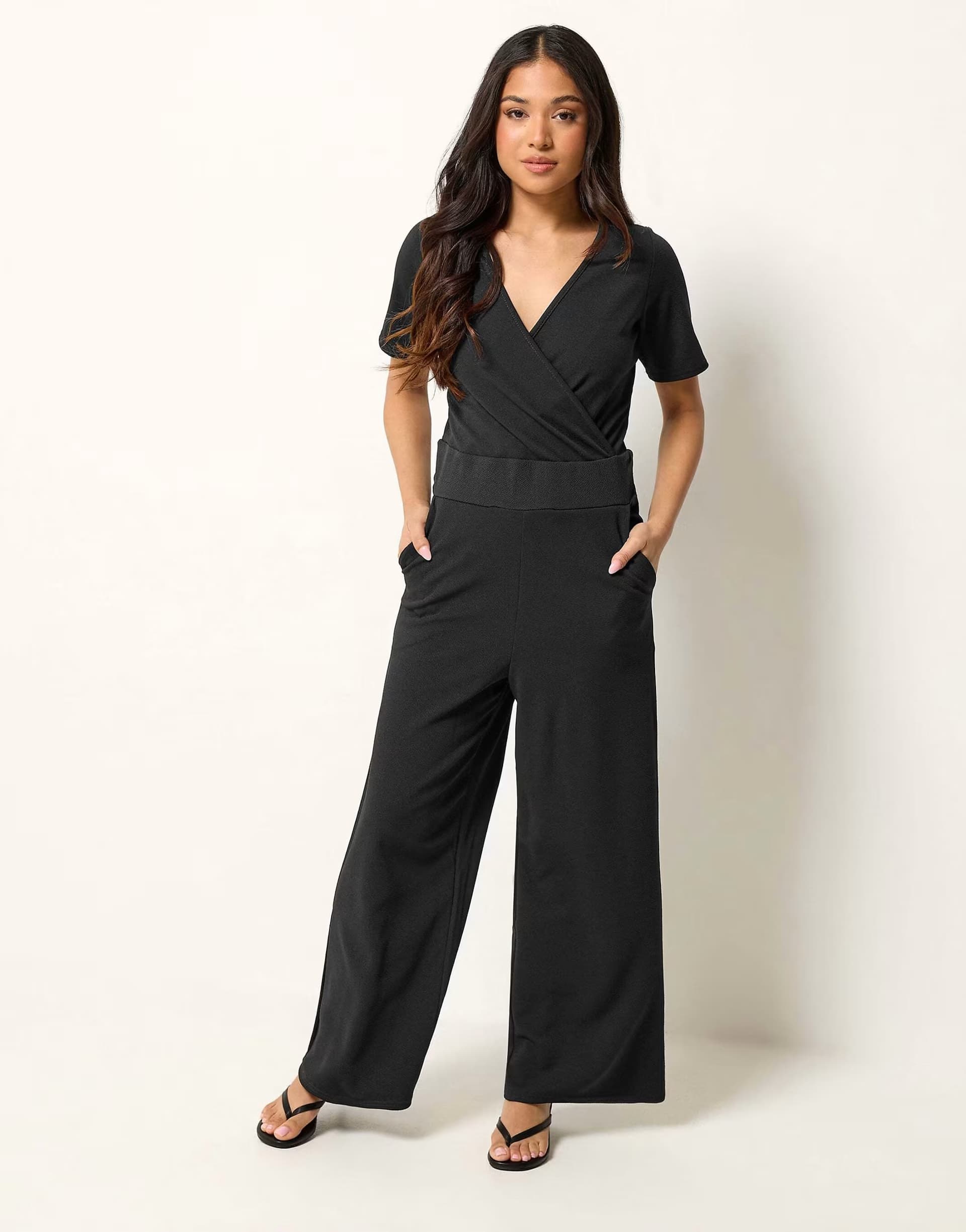 ASOS PixieGirl Petite short sleeve wide leg jumpsuit in black